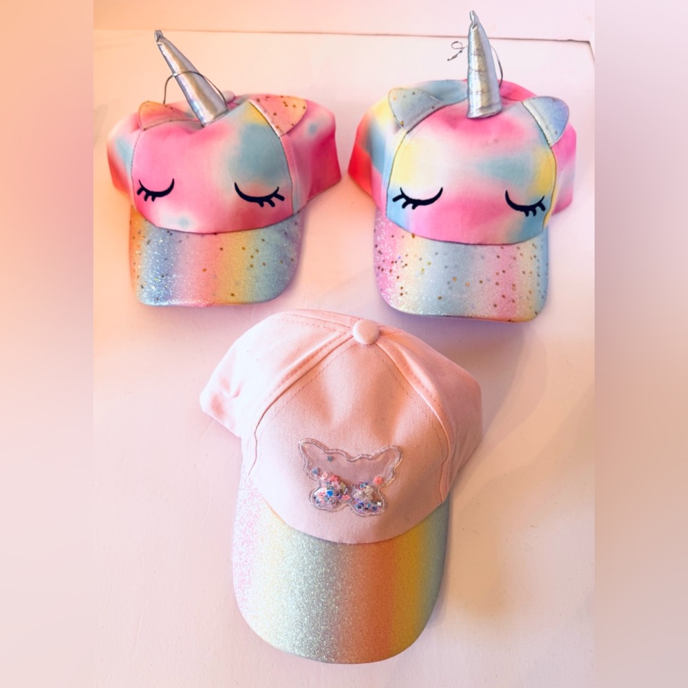Set of 3 Colorful Pink and Tye Dye Unicorn and Butterfly Hats NWT!!